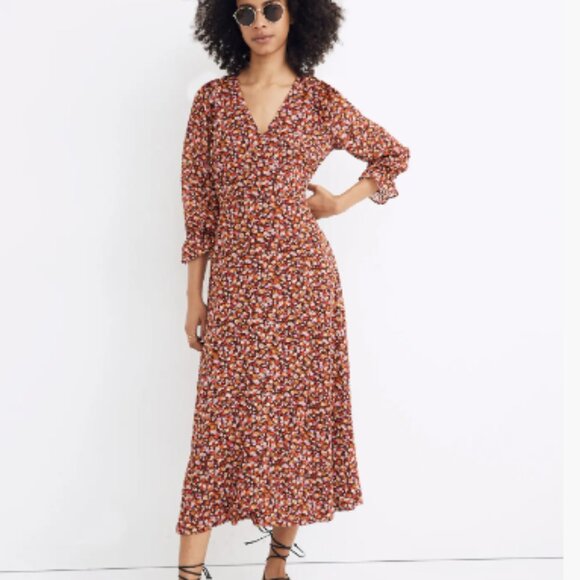 Madewell | Brown Multicolor Floral Faux Wrap Dress Size 0 - Picture 2 of 10